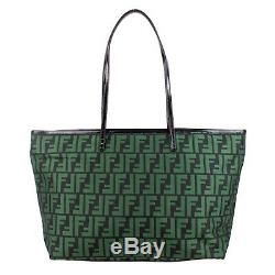 100% Authentic Fendi Zucchino FF Monogram Green Nylon Roll Tote Bag