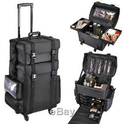 2in1 Rolling Makeup Case Trolley Train Box Organizer Cosmetic Travel Salon Bag
