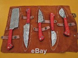 5 piece Kitchen knife set, Chef, cleaver, Red color Jigged scale, Suede Roll bag