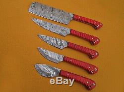 5 piece Kitchen knife set, Chef, cleaver, Red color Jigged scale, Suede Roll bag