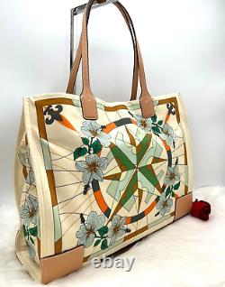AUTH NWT TORY BURCH ELLA Logo Lei Floral Compass Prints Large Tote Shopper Bag