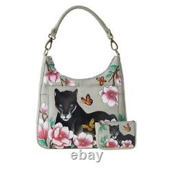Anuschka Garden Panther Hand Painted Leather Hobo w Coin Pouch NWT