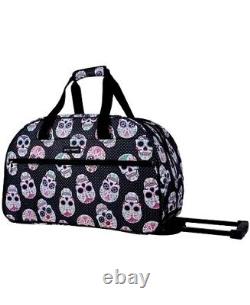 Betsey Johnson Skull Party Rolling Duffel Luggage Bag 22 Black Pink Rose Tag