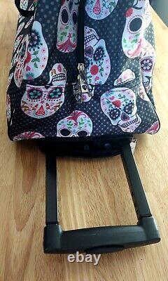 Betsey Johnson Skull Party Rolling Duffel Luggage Bag 22 Black Pink Rose Tag