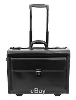 Black Leather Pilot Case Rolling Business Travel Laptop Docs Cabin Flight Bag