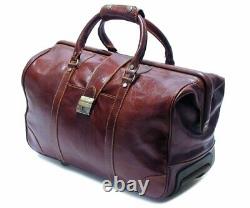 Cenzo Italian Leather Trolley Bag Luggage Weekender Rolling Travel Bag