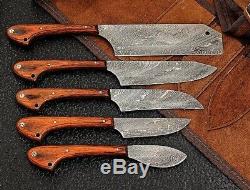 Custom Damascus Steel Kitchen Chef Knife 5 Pcs Set With Pocket And Black Roll Bag