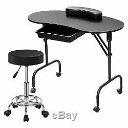 Folding Manicure Table Nail Desk withBag and Swivel Rolling Salon Stool Set Black