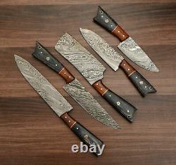 HAND FORGED DAMASCUS STEEL CHEF KNIFE KITCHEN SET WITH wood HANDLE and roll bag