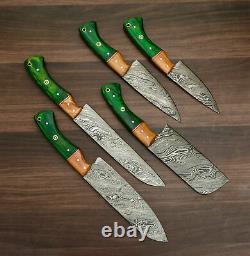 HAND FORGED DAMASCUS STEEL CHEF KNIFE KITCHEN SET WITH wood HANDLE= roll bag