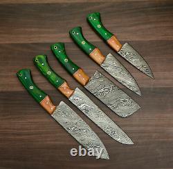 HAND FORGED DAMASCUS STEEL CHEF KNIFE KITCHEN SET WITH wood HANDLE= roll bag