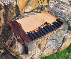 Knife Roll Storage Bag Kitchen Chef Tools Case Buffalo Leather Travel-Friendly