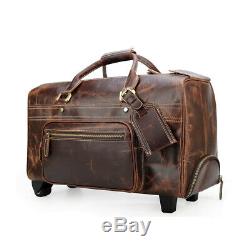 Men's Leather Rolling Duffle Bag Trolley Wheeled Carry On Luggage Suitcase Tote