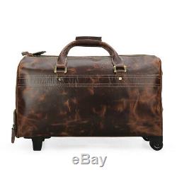 Men's Leather Rolling Duffle Bag Trolley Wheeled Carry On Luggage Suitcase Tote