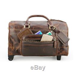 Mens Leather Rolling Duffle Trolley Wheeled Drawbar Bag Travel Luggage Tote New