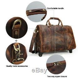 Mens Leather Rolling Wheeled Duffle Trolley Drawbar Bag Travel Luggage Case Tote