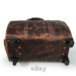 Mens Leather Rolling Wheeled Duffle Trolley Drawbar Bag Travel Luggage Case Tote