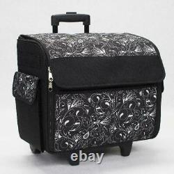 New Black Floral Rolling Tote Sewing Machine Wheeled Carrier Storage Bag Case