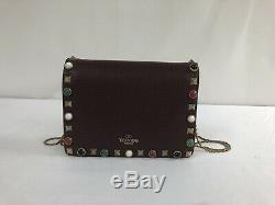 New Valentino Rockstud Rolling Burgundy Flap Pouch Wallet-On-Chain Bag $1695.00