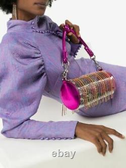 Nwot $1k Area Nyc Plastic Pink Leather Rainbow Crystal Fringe Barrel Roll Bag