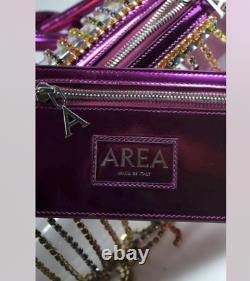 Nwot $1k Area Nyc Plastic Pink Leather Rainbow Crystal Fringe Barrel Roll Bag