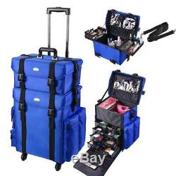 Professional Rolling Makeup Train Case Artist Trolley Soft Sided Storage Blue