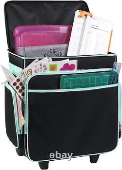 Rolling Craft Bag, Black & Teal Papercraft Tote with Wheels for Scrapbook & Ar