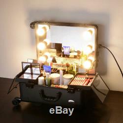 Rolling Studio Makeup Cosmetic Case Light Mirror Lockable Organizer Salon Artist