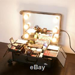 Rolling Studio Makeup Train Case Lockable LED Bulb Light Mirror Cosmetic Salon