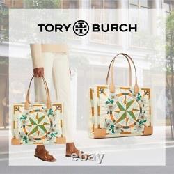 TORY BURCH ELLA Logo Lei Floral Compass Prints Large Tote Bag 100% Authentic