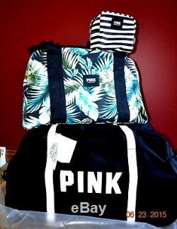Victorias Secret Pink Black & Palm 3 Pc Wheelie Duffle Bag Luggage Set NWT