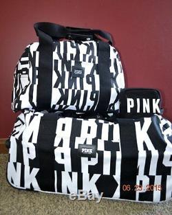Victorias Secret Pink GRAPHIC 3 Pc Wheelie Duffel Bag Carry on Luggage Set NWT