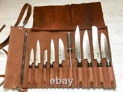 Vintage Tan 100% Real Leather Professional Space Chef Knife Roll bag with Zipper