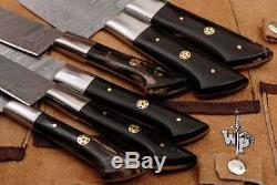 WP-1071 Custom Handmade Damascus Kitchen/Chef Knife Set 6/Piece/Leather Roll Bag