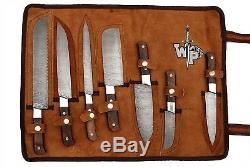 WP-1081 Custom Handmade Damascus Kitchen/Chef Knife Set 7/Piece/Leather Roll Bag