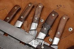 WP-1081 Custom Handmade Damascus Kitchen/Chef Knife Set 7/Piece/Leather Roll Bag