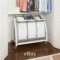 White Metal Laundry Hamper Rolling 3 Sorter Bags Removable Clothes Organizer
