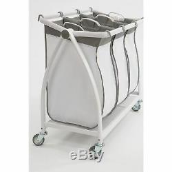 White Metal Laundry Hamper Rolling 3 Sorter Bags Removable Clothes Organizer