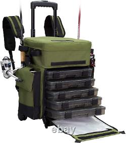 X LARGE Rolling Fishing Tackle Backpack Bag Storage Box 4 Rod Holders 5 Trays